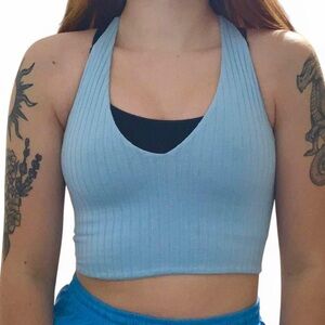 Womens Lulus Light Blue Ribbed Halter Crop Top Size XS
